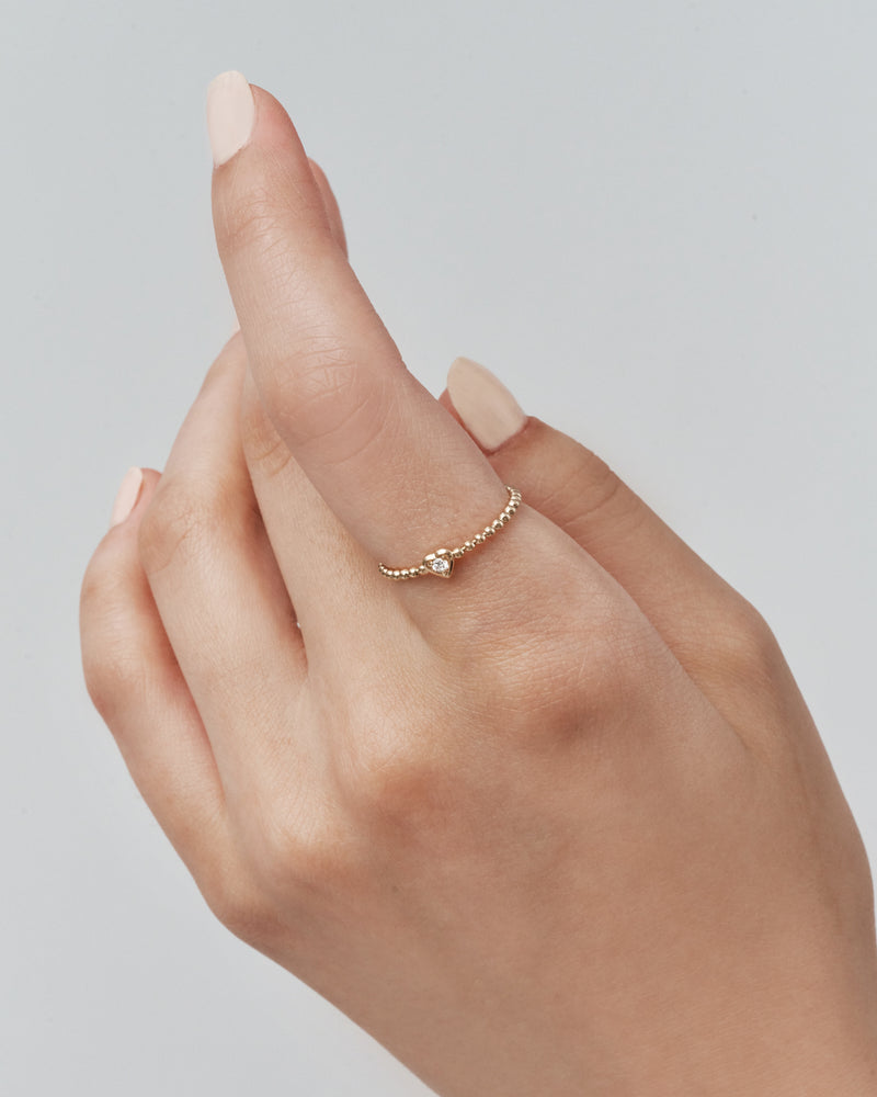 14K金 心型單鑽圓珠戒指